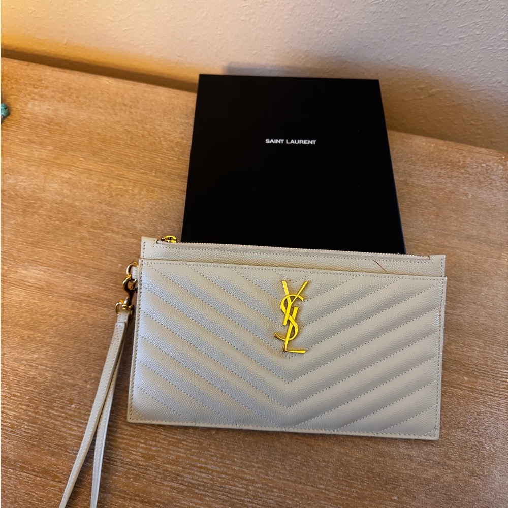 Saint Laurent Cream Quilted Clutch with Gold Logo